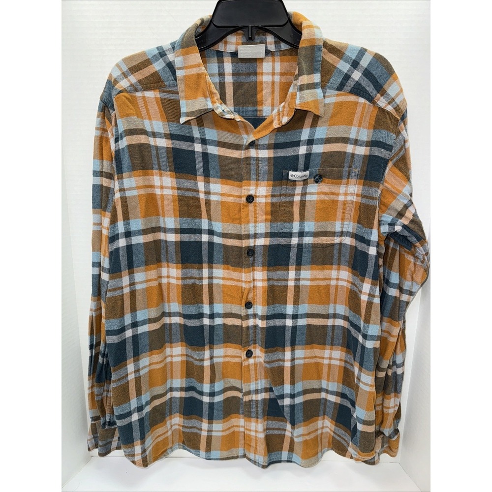 Columbia Shirt Men's Size Large Orange & Blue Plaid Long Sleeve Button Up